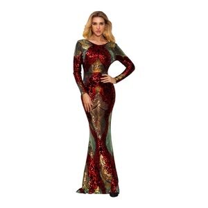Women’s Black Red Gold 1920’s Long Sleeve Mermaid Sequin Gown Sz XL NWT
